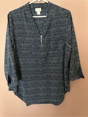 Jaclyn Smith Navy and White Dot Zip-Neck Blouse